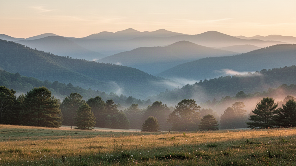 Soft morning mist drifting through the Great Smoky Mountains